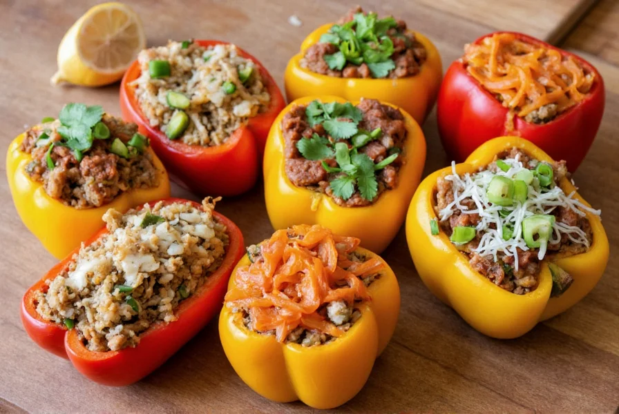 Colorful arrangement of different stuffed pepper squash variations showing Mediterranean, Southwest, and vegetarian options on a wooden table