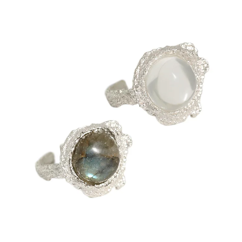 

Luxury Sterling Silver Ring French Light Texture With White Crystal Open Ring For Women Moonstone Ring