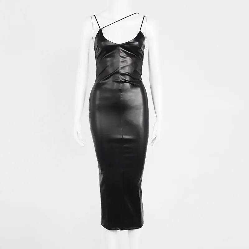 

2021 Women Ropa Mujer PU Leather Hot Night Dress Spaghetti Strap Prom Dress Mujer Sleeveless Club Long bodycon Sexy Split Women, Black/brown/apricot/red