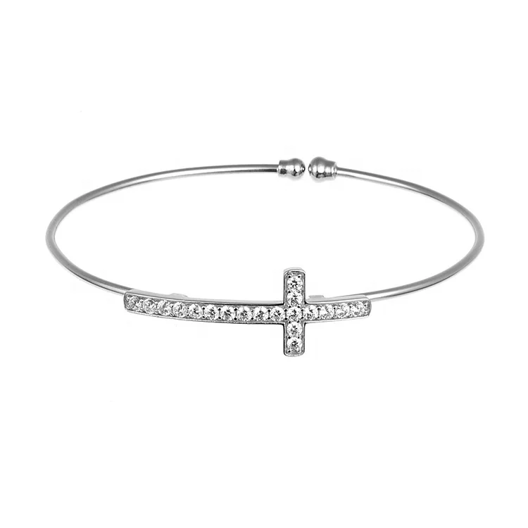 

Wholesale High Quality Simple Jewelry White CZ Cross Element Cuff Bangle 925 Sterling Silver Bracelet For Gift