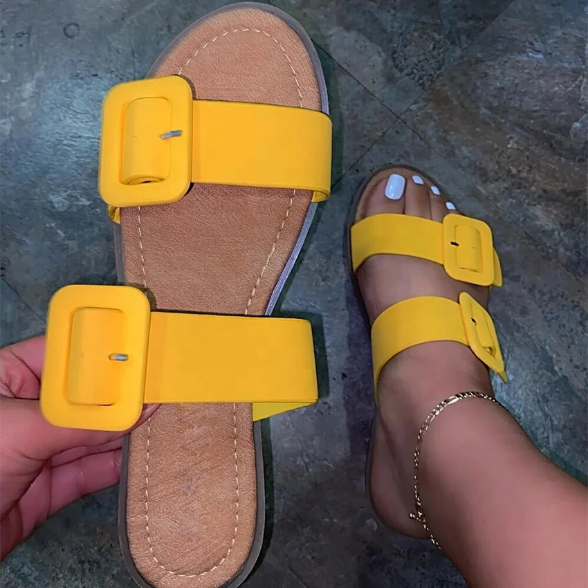 

Fashion Design Double Buckle Slip On Summer Sandals for Ladies Peep Toe Cork Bottom Light Weight Beach Slides Shoes for Girls, White,yellow,black,brown,orange