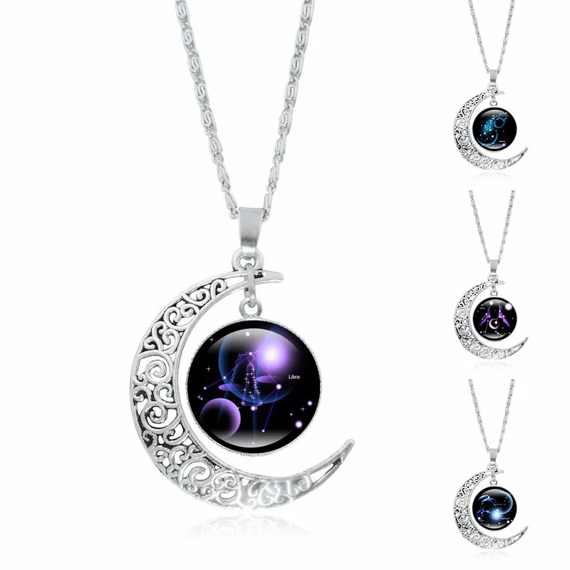 

Fashion Silver 12 Zodiac Astrology Galaxy Starry Sky Crescent Moon Glass Pendant Necklace For Wholesale, Picture shows