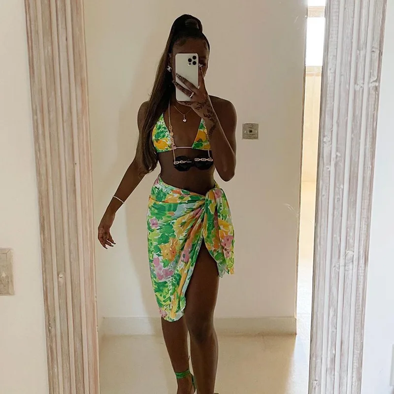 

Beach Holiday New 2021 Three Piece Swimwear With Cover Ups Bikini Shorts Set