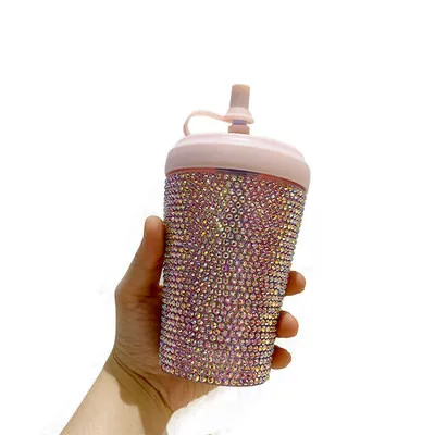 

2021 New Glitter Durian Grid Cup custom plastic double wall diamond studded tumbler cups with lid and straw, Gold pink blue