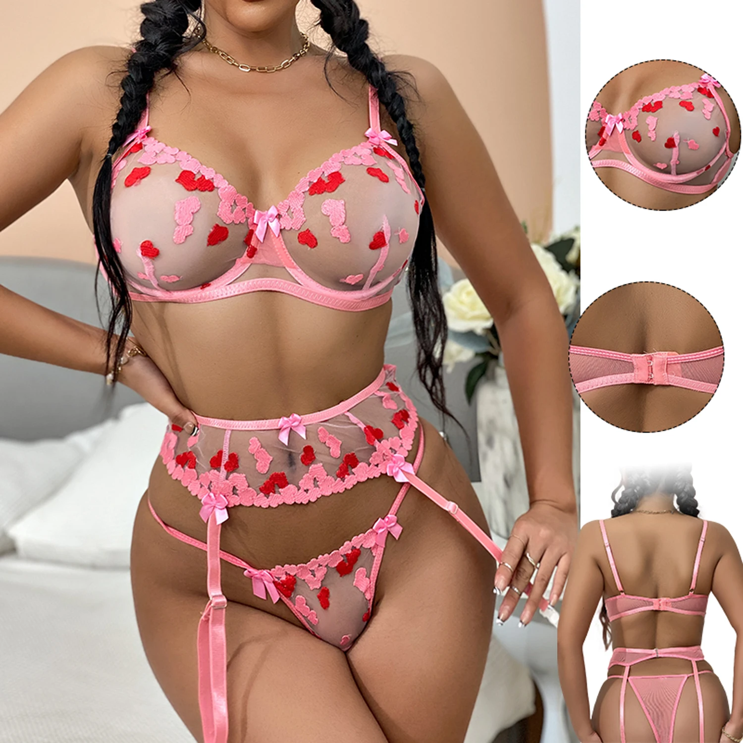 

2022 Wholesale Hot Women Sexy Sex Cute Mesh Sheer Valentine Pink Hearts Embroidery Bra Underwear Lingerie Set With Garter Belt