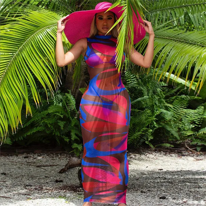 

B4839-hot sales 2021 sleeveless printed see through mesh dress stylish sexy long maxi dress women