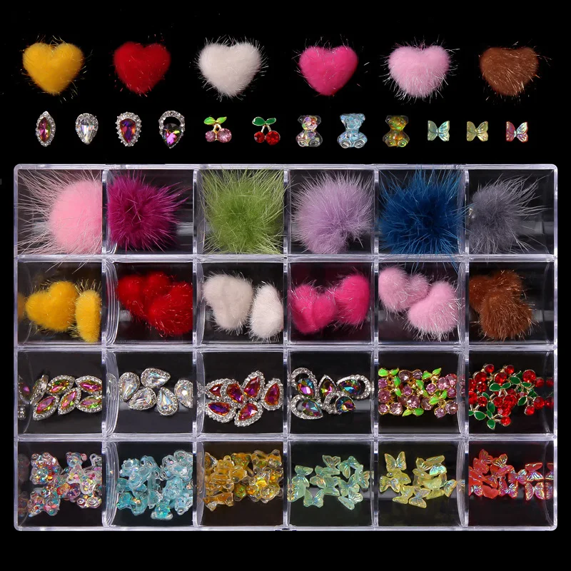 

Newest Arrival Heart Round Pom Poms Nail Art Cherry Alloy Charms Crystal Diamond Stone Rhinestone Mixed Nail Decoration, As picture show