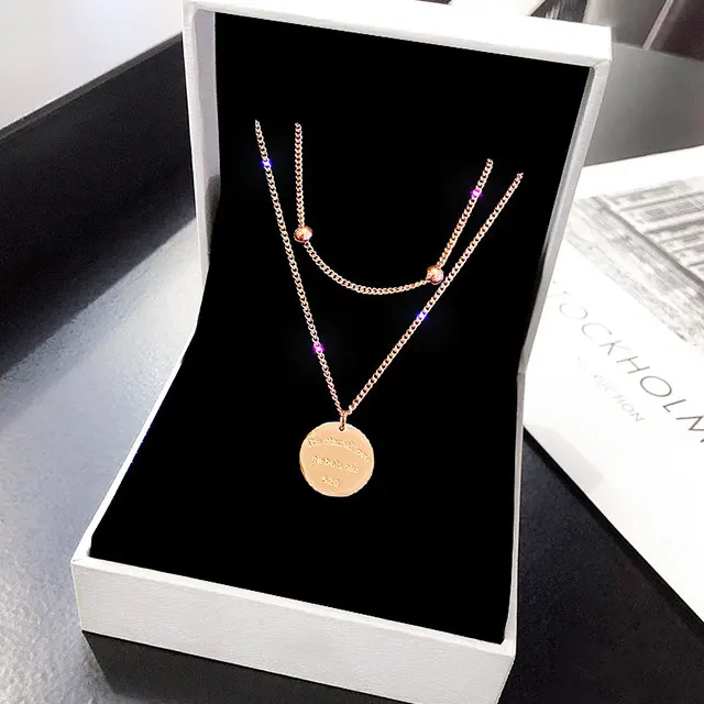 

Hot Sale Jewelry Double Round Brand Necklace Customizable English Letter Fashion Gold Plated Rose Gold Rope Chain Necklaces Onyx