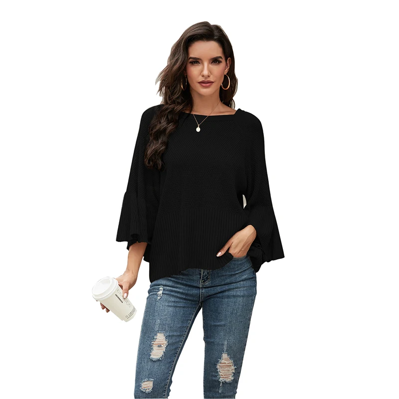 

Wholesale ladies fashion clothes solid color tops flared sleeves women's knitted pullover sweaters, 3 colors