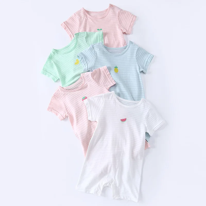 

Wholesale Neutral Bamboo Cotton Baby Clothes, Short Sleeve Knitted Cotton Baby Casual Rompers, 5 colors