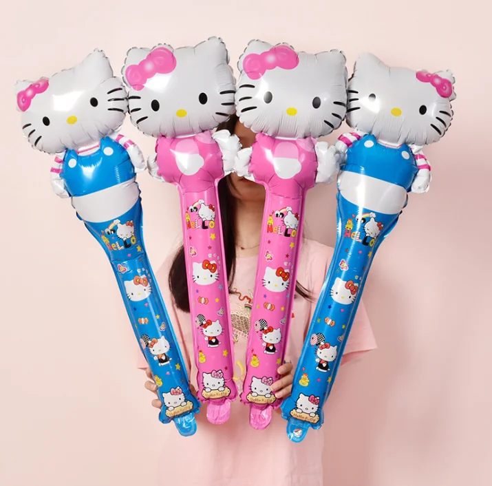 

Free Shipping Hello Kitty Cat Stick foil balloons cartoon birthday party inflatable toys decor, Colorful
