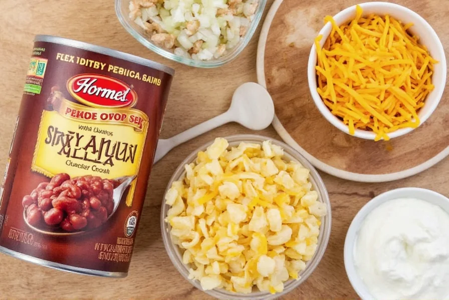 Hormel Chili with Beans can next to preparation ingredients including onions, cheese, and sour cream