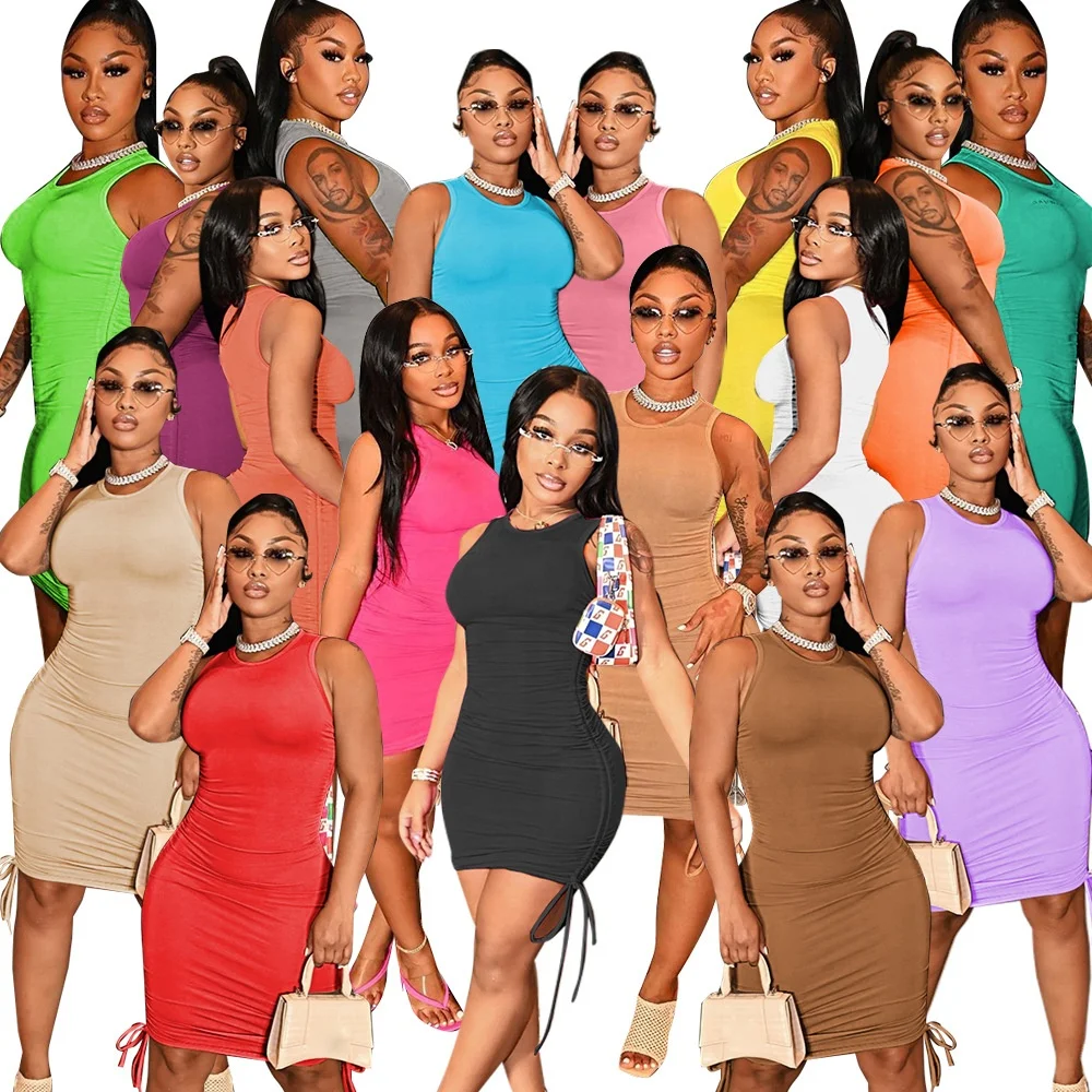 

Nightclub Hot Style Bandage Dresses Plain Color Buttwrap Drawstring Short Dress Ladies Stacked Sleeveless Sexy Tight Bodycon Dre, 17 colors available