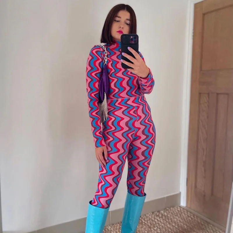 

2021 Fashion wholesale autumn new high-neck printed long-sleeved high-waist casual two piece pant set for women