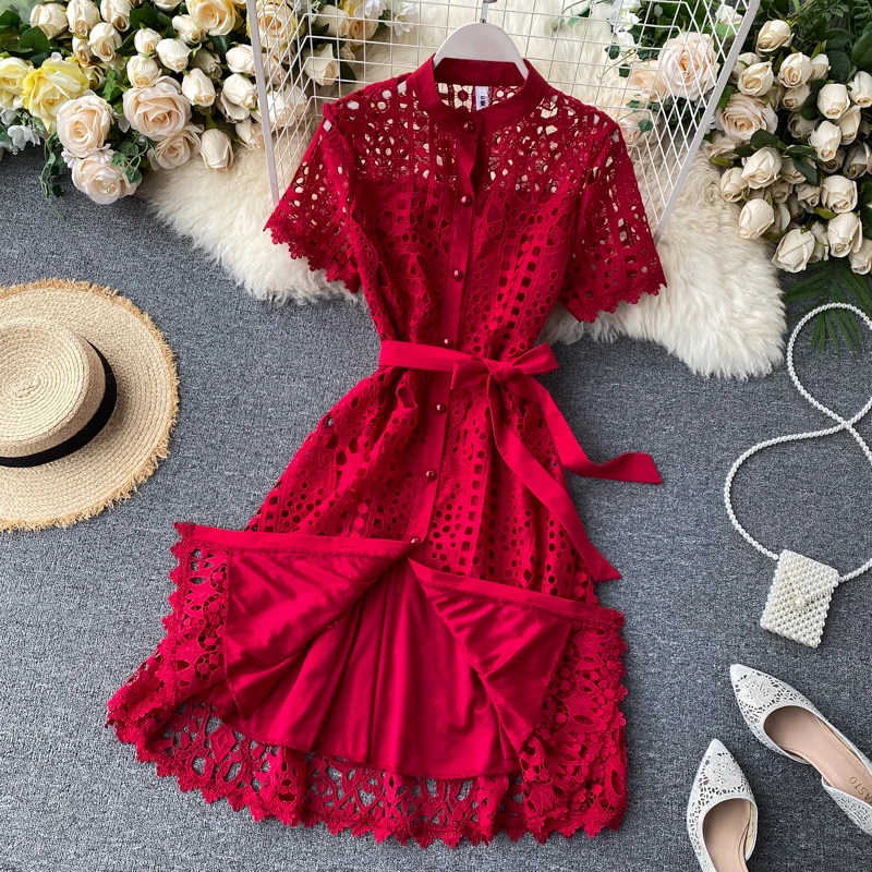 

CUBEAR Vintage Style Stand Neck Short Sleeve Button Down Self Belted Layered Hollow Out Midi Lace Dress