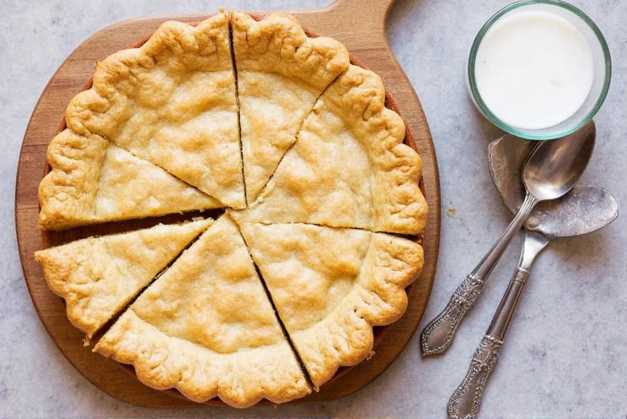 Perfectly baked golden brown ginger pie with decorative crust edges on wooden serving board