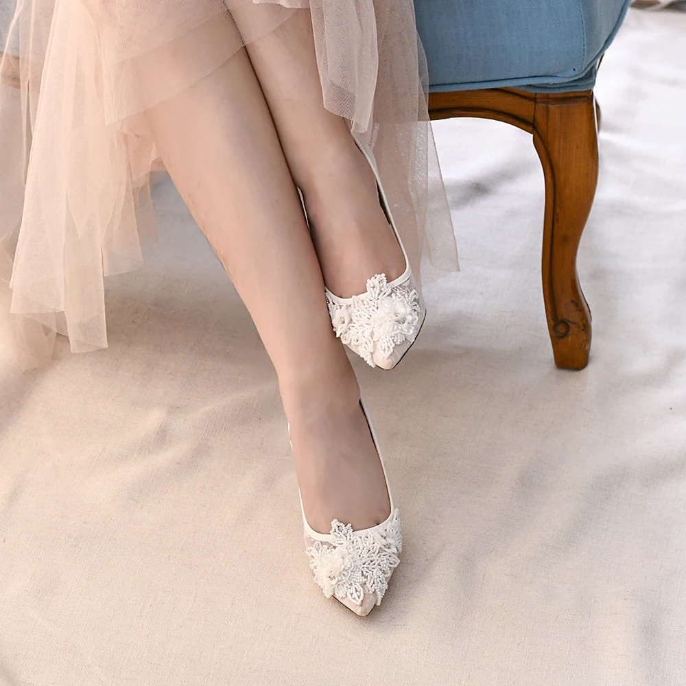 

YouLaPan A02 White Lace Bridal Shoes , Gauze Embroider High Heel Shoes for Wedding