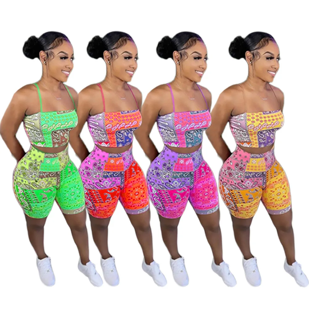 

CS041 Bandana sexy two piece short halter set women clothing casual printed women sets two piece short, Picture shown