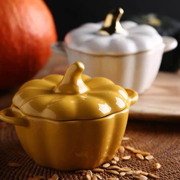 

ceramic bowl with lid lovely cutlery pumpkin bowl household creative western small soup dessert fruit bowl, White,yellow