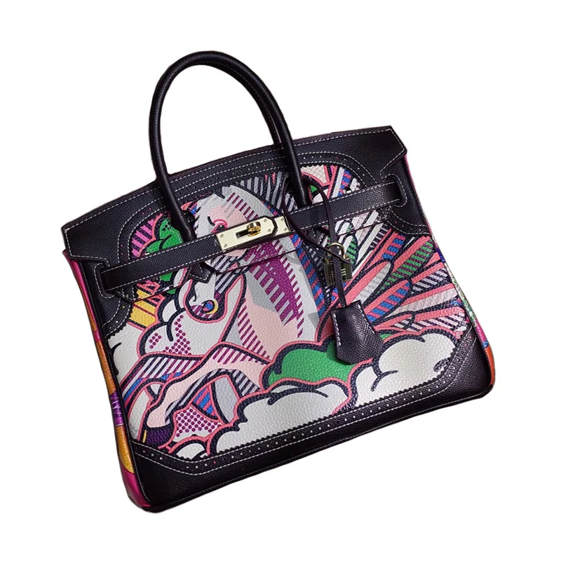 

New Spoof Cartoon Graffiti Leather Platinum Bag Contrast Color Women's Handbag, Any color is avaliable
