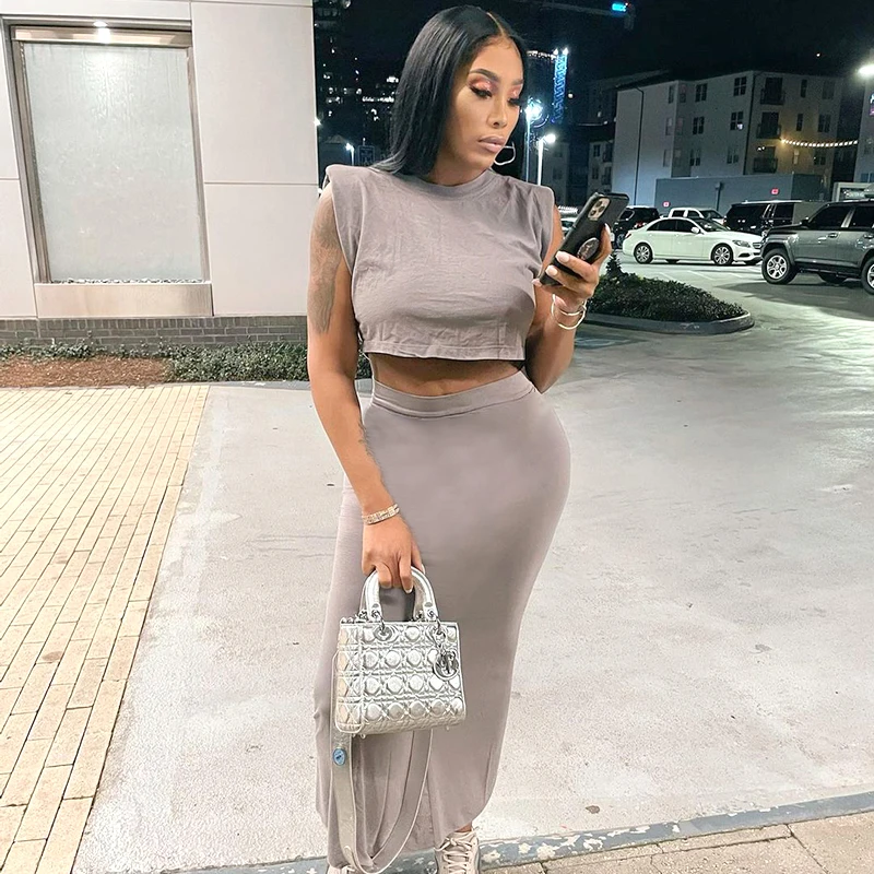 

Sandtree X21ST160 casual Long Dress 2 Piece Set Women Summer Solid Color Short Sleeve Set Women Fashion Clothes Styles