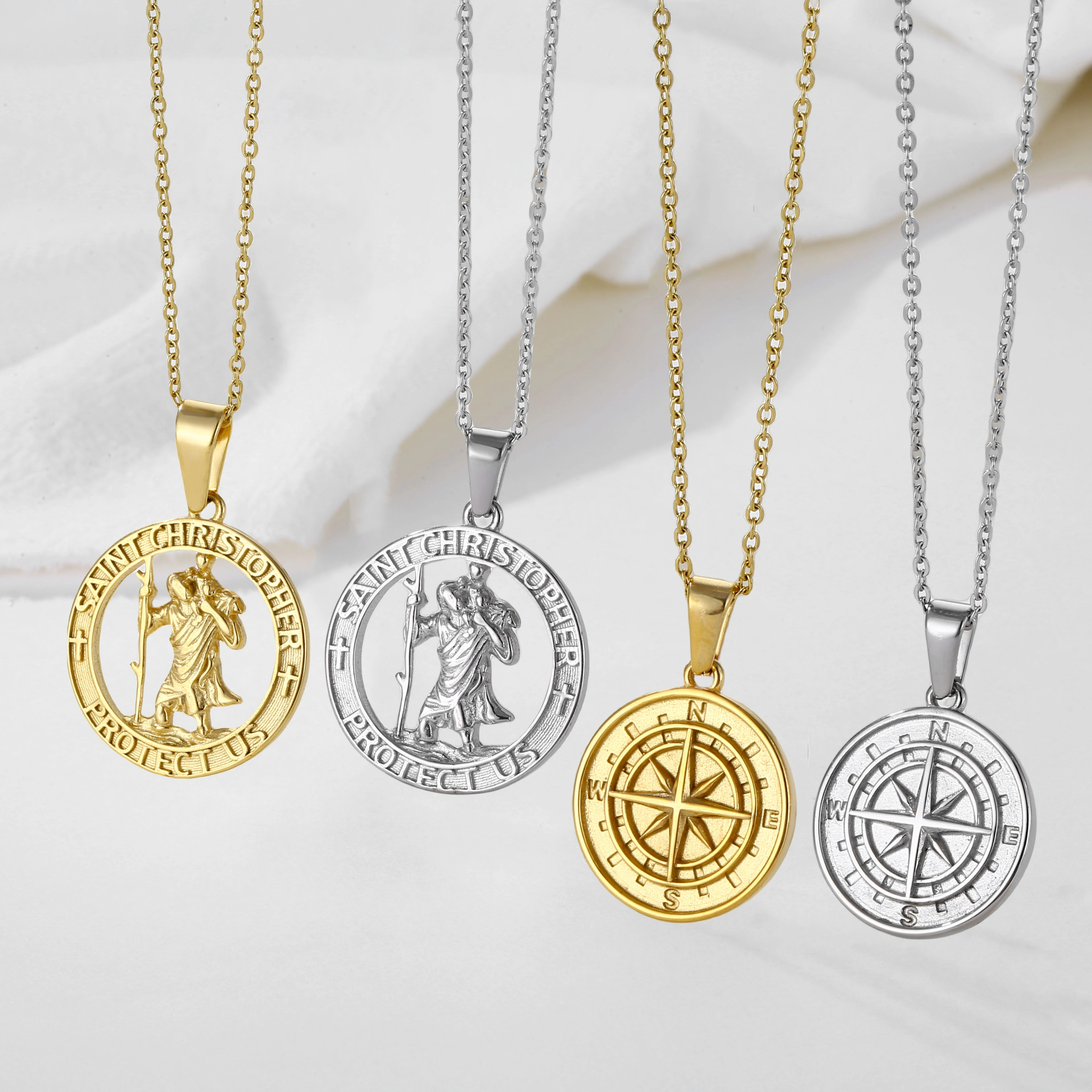 

Vintage Stainless Steel Round Coin Fashion Chain Jewelry Compass Pendant st Christopher Pendant