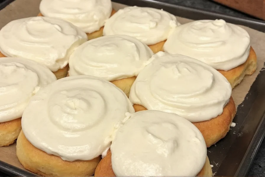 Finished cinnamon rolls with creamy white cream cheese frosting drizzled on top