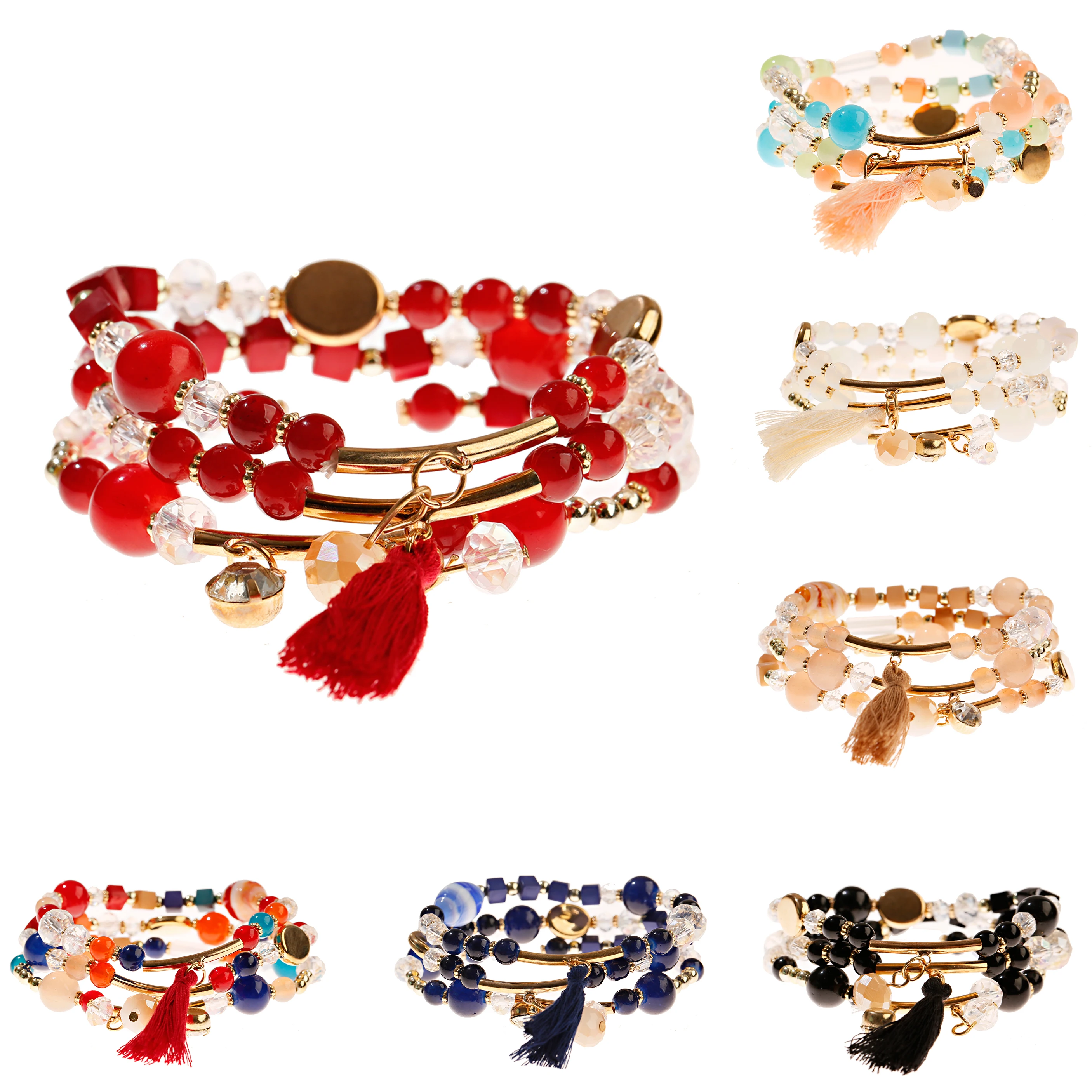

Douvei 3Pcs/Set Women Charm Bohemian Ethnic Bracelet Set Gold Plated Chain Crystal Bead Natural Stone Beaded Boho Bangle Jewelry