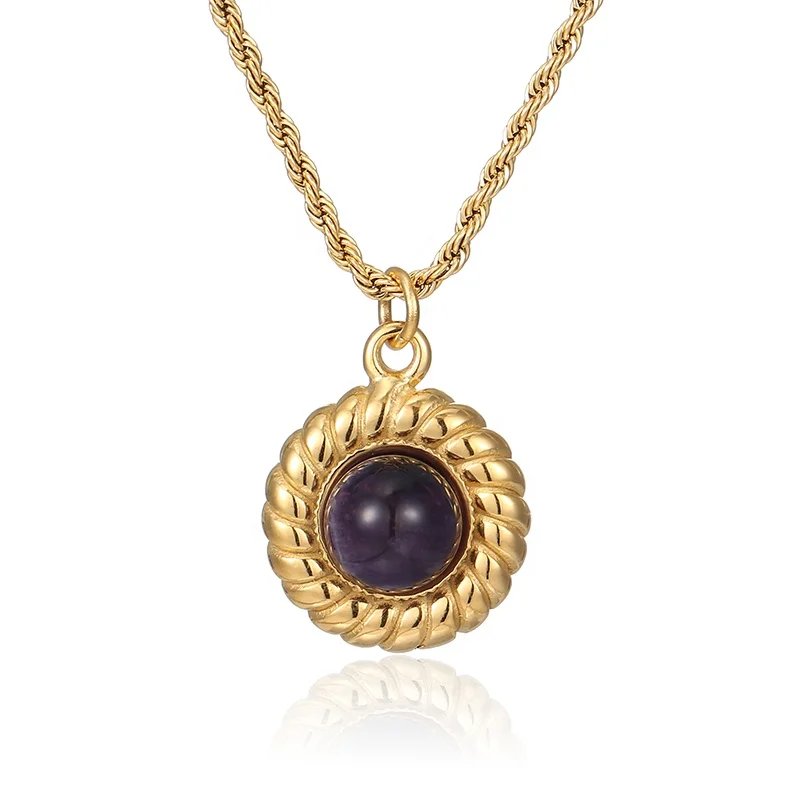 

Wholesale 18K Gold Plated Stainless Steel Round Purple Amethyst Crystal Stone Pendant Necklace