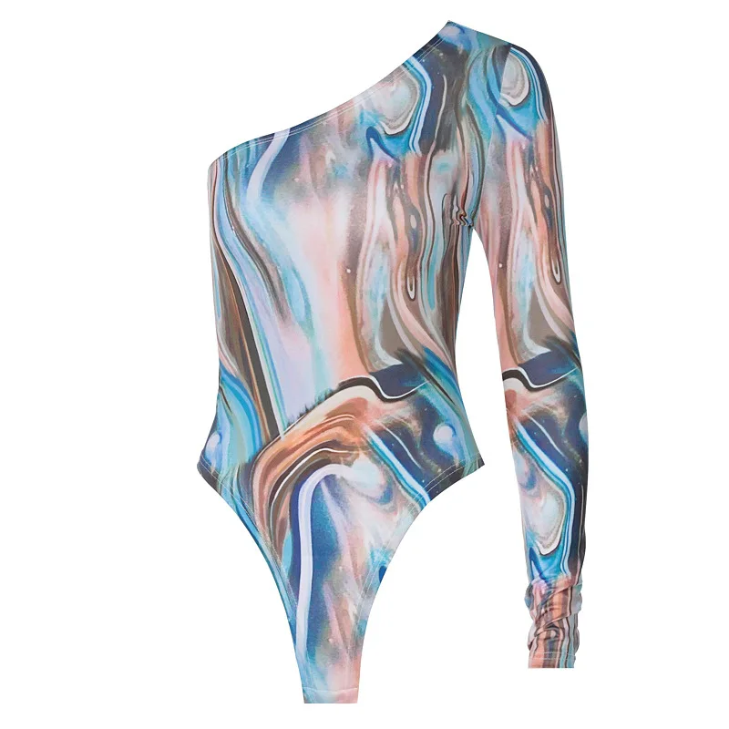 

2021 New Summer European and American Style Women's Fashion Print One-shoulder Slim Long-sleeved Outer Wear Jumpsuit, Colorful