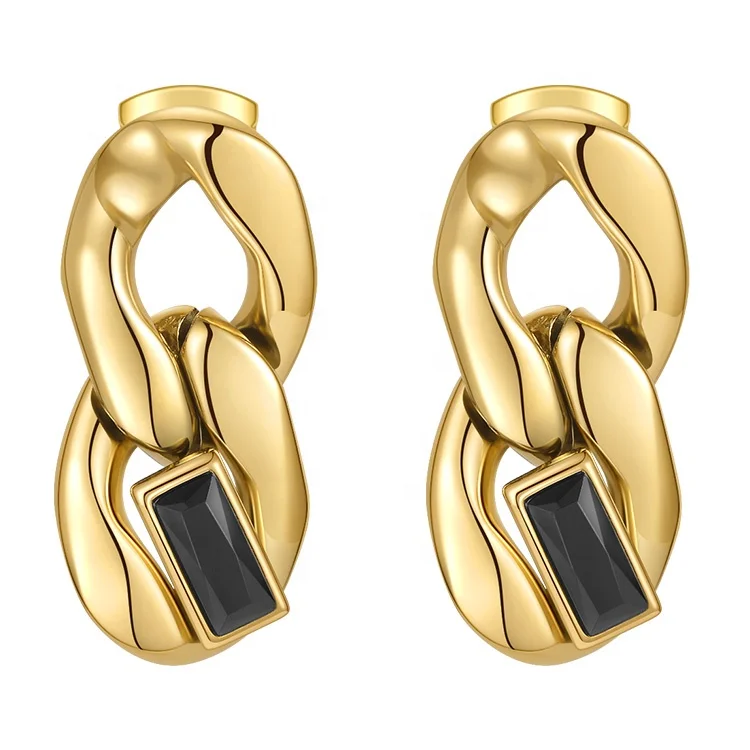 High Quality 18K Gold Plated Stainless Steel Jewelry Thick Chain Black Zircon Earrings E211300