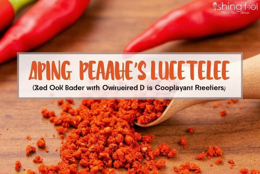 Close-up of red pepper flakes next to measuring spoon