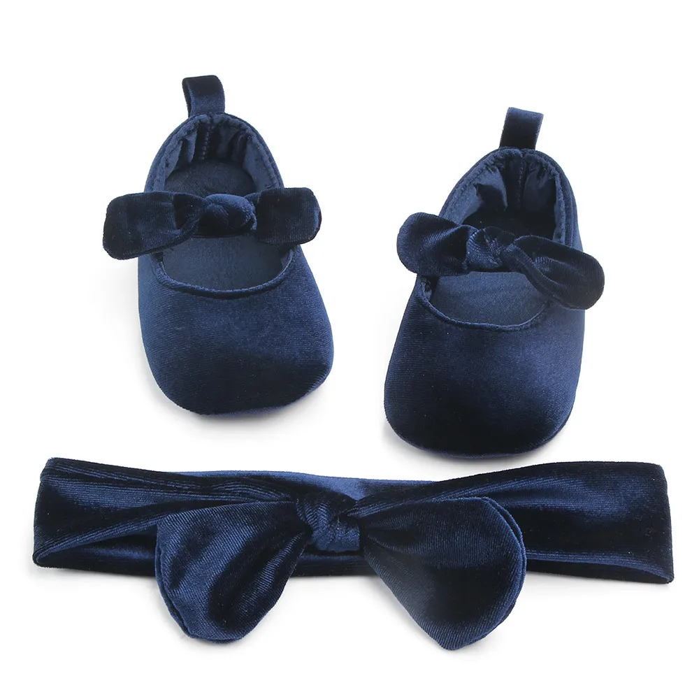 

Fancy Bow Knot Baby Girl Shoes With Headband Set Newborn Party Shoes Velvet Princess Flat Baby Shoe Toddler