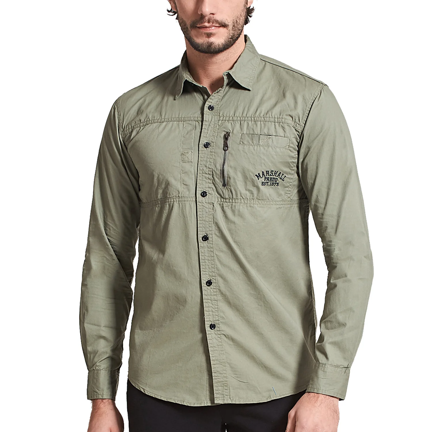 

New European and American plus-size men's long-sleeve lapel zipper shirt cotton army outdoor casual shirt, Color customizable