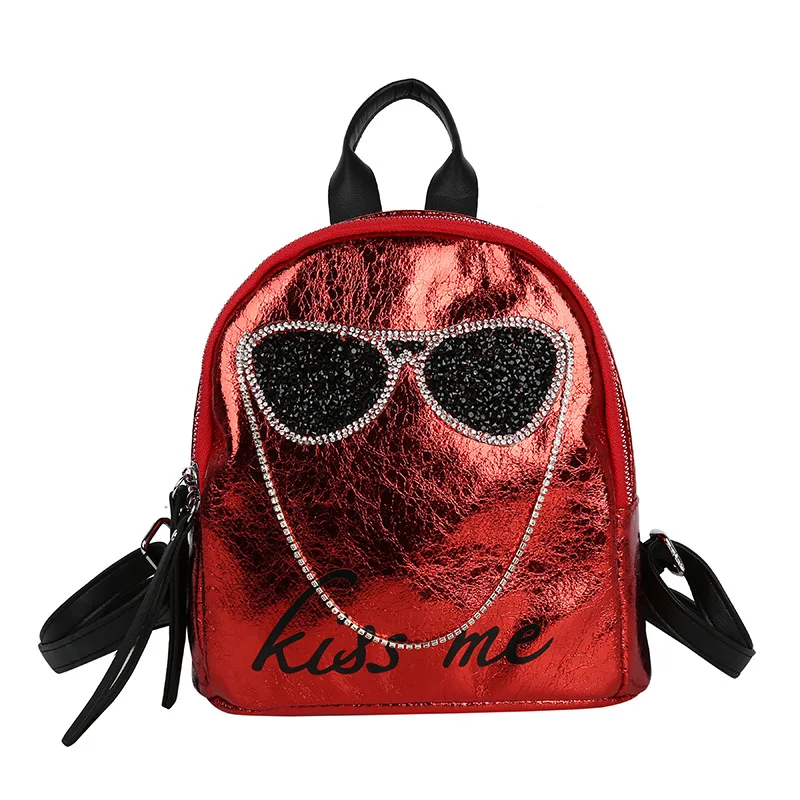 

Fashion personality backpack female PU bright cartoon fashion girl Korean version tide sequin crystal glasses funny backpack