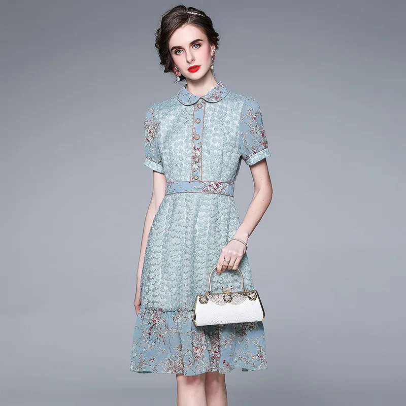 

Hot Sale Women Fashion Short Puff Sleeve Peter Pan Collar Embroidery Mermaid Dress, Light blue