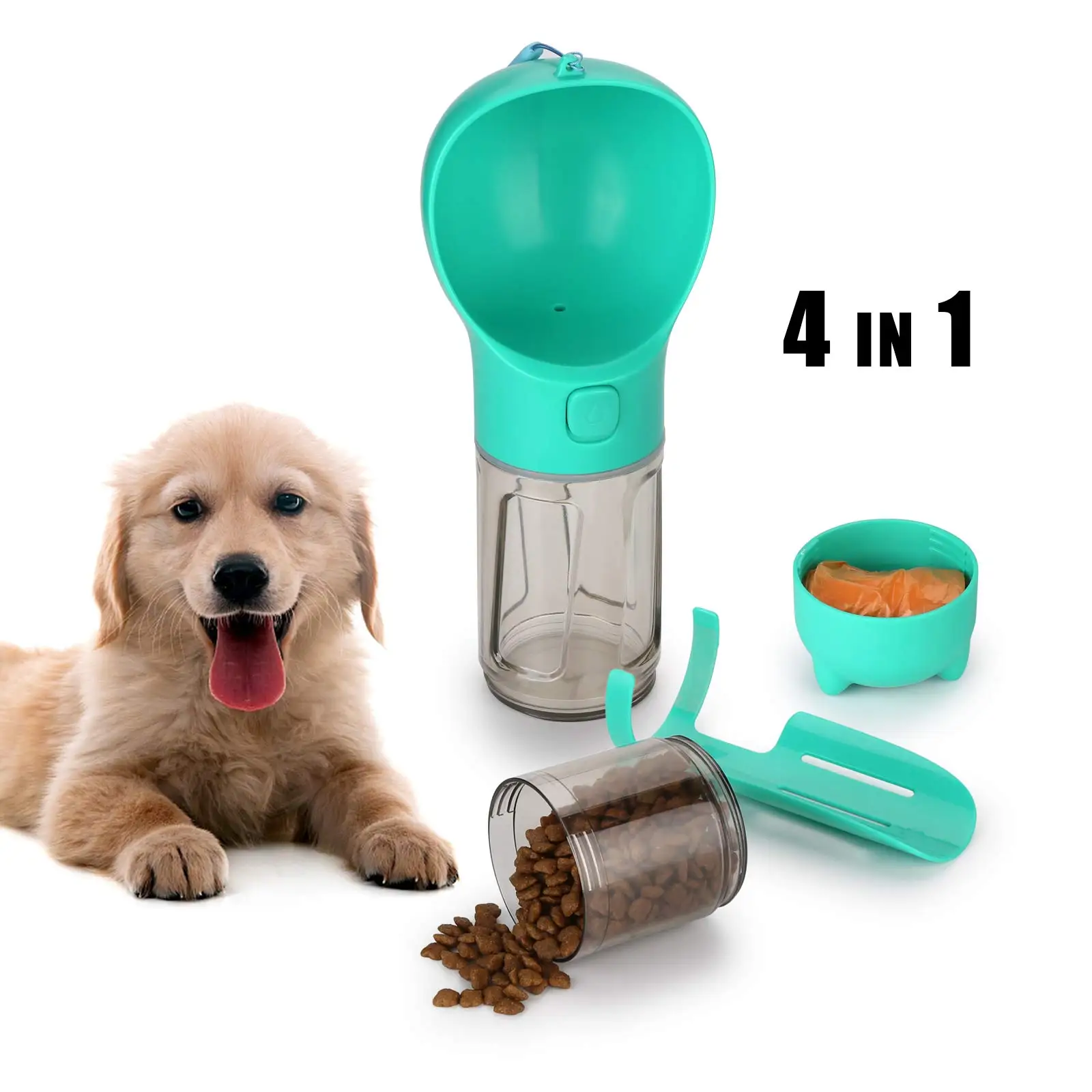 

Dog Water Bottle 4 in 1 Pet Travel Water Cup Food Box Dog Waste Bags Excrement Scoop Pet Water Bottle for Hiking Climbing Travel