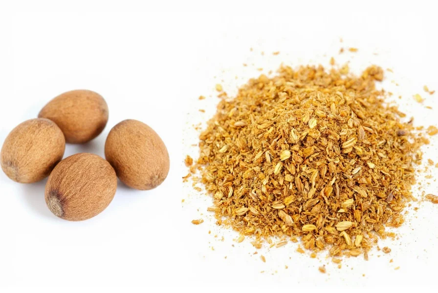 Side-by-side comparison of whole nutmeg seeds, mace blades, and freshly grated versions of both spices