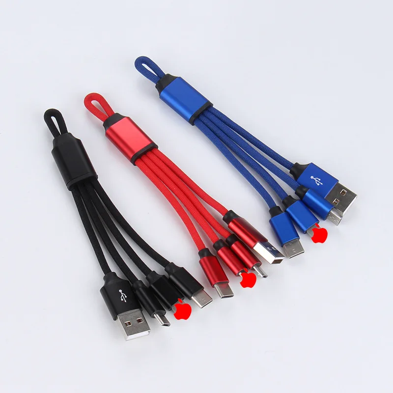 
New type keychain 3 in 1 15CM data cables three charging cables aluminum alloy fabric weaving gift custom LOGO usb cable 