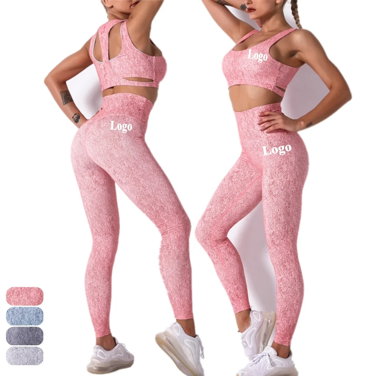 

Custom Logo Tracksuit Pants Women Sports Bra and Sexy Booty Yoga Suit Leggings High Waist Tummy Control Pink Yoga Set, 4 colors