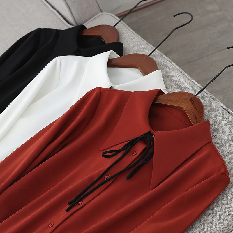 

Hot sale tie neck ruffle sleeve plain elegant women blouse, Shown