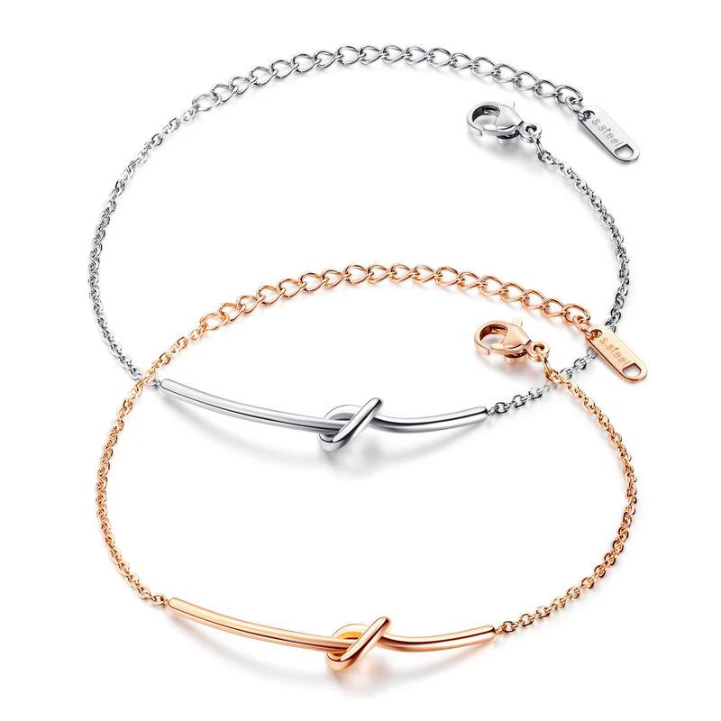 

Rose Gold Stainless Steel Knot Round Bar Bracelets Women Elegant Simple Chain Charm Bracelet (SK901), As picture
