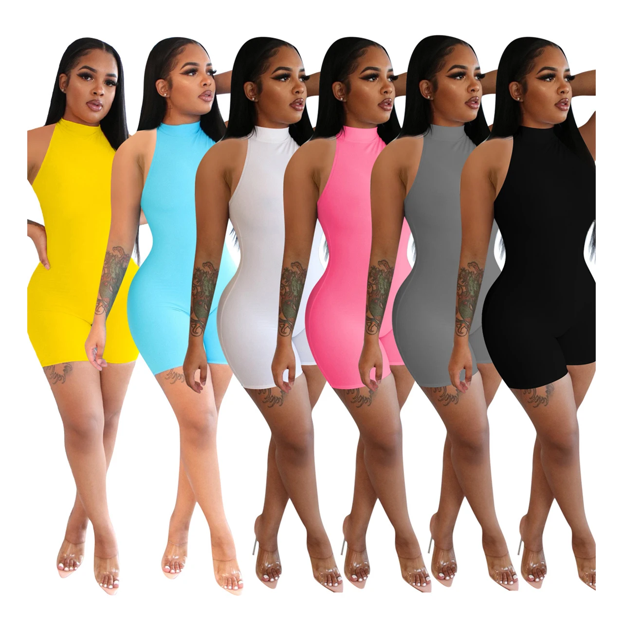 

Wholesale Custom Summer 2021 Solid Color One Piece Halter Sexy Bodycon Shorts Jumpsuit, As the picture or color custom