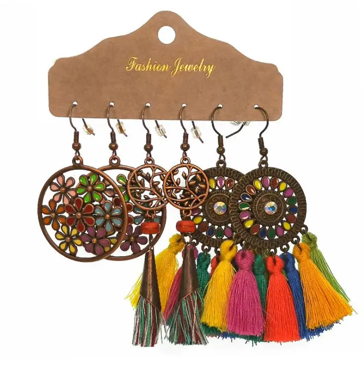 

Vintage Big Round Multicolor Beaded Earrings Set for Woman Ethnic Boho Tassel Feather Long Dreamcatcher Drop Earrings Jewelry