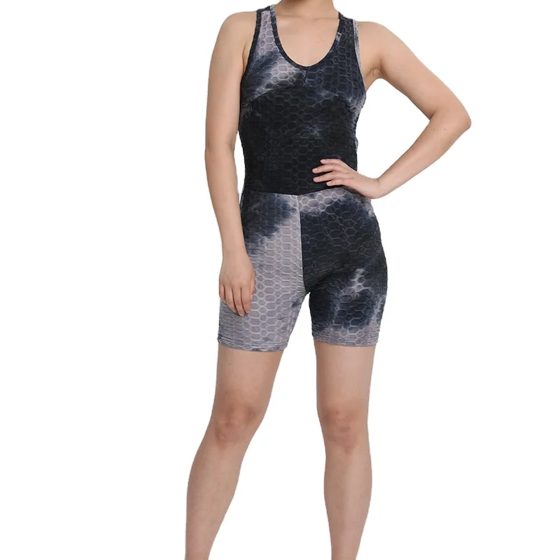 

2021 Summer Plus Size Bubble Backless Jacquard Bra Women's Yoga Sports Suit Tie-dye Bra Short 1 Piece Set