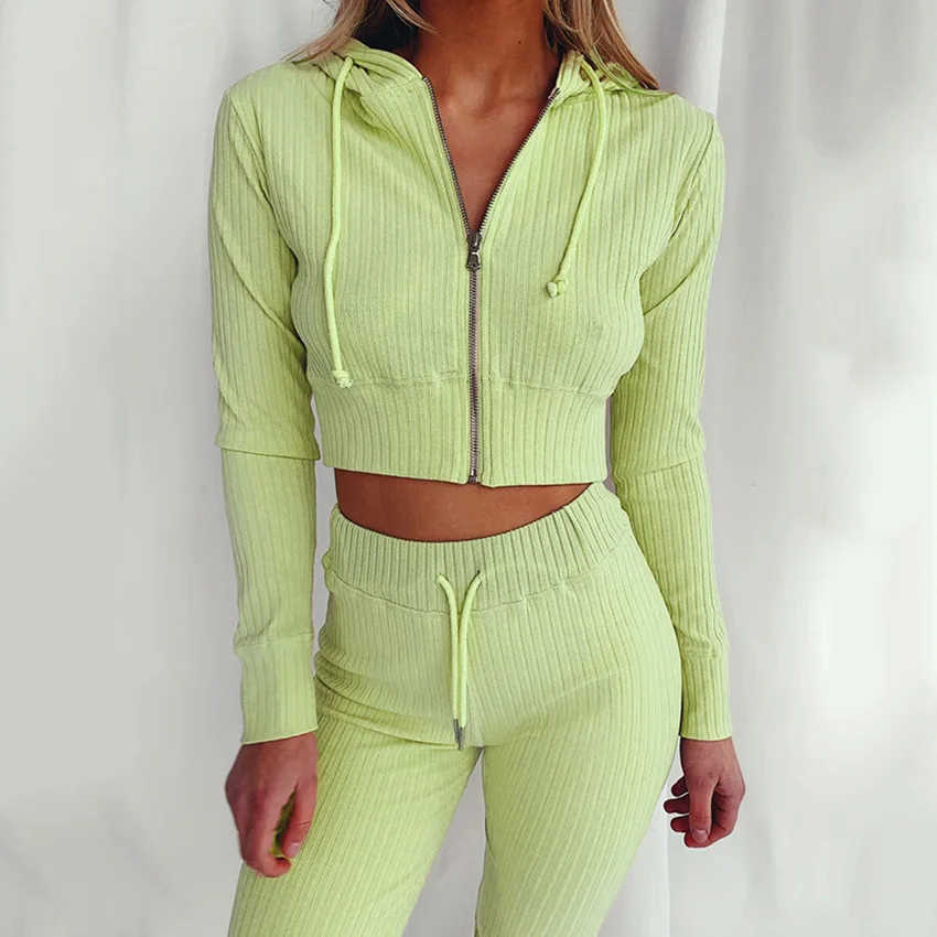 

Custom women 2pcs tracksuit set knit zipper hoodie slim fit workout sport tracksuits