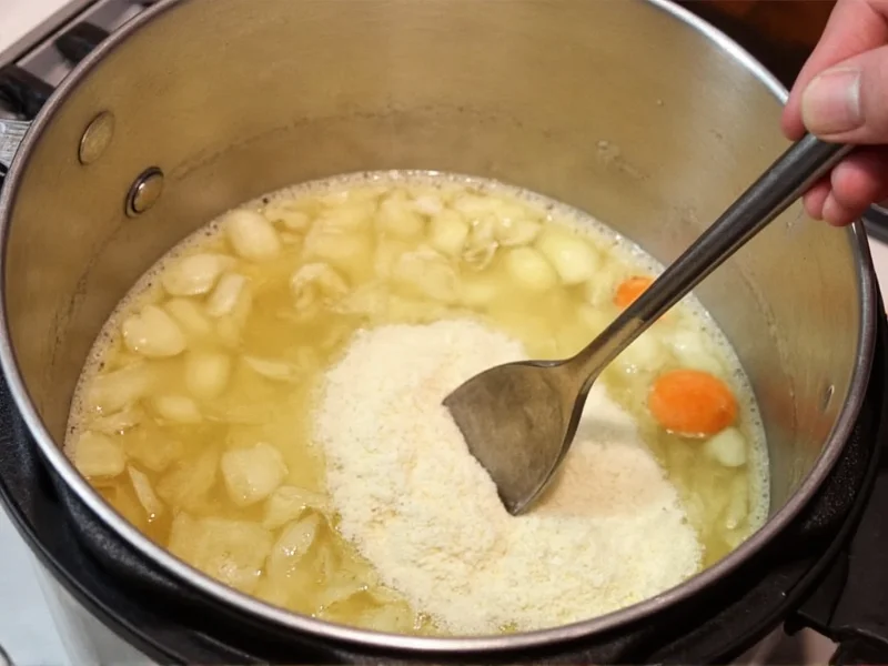 Homemade onion soup mix being stirred into simmering broth