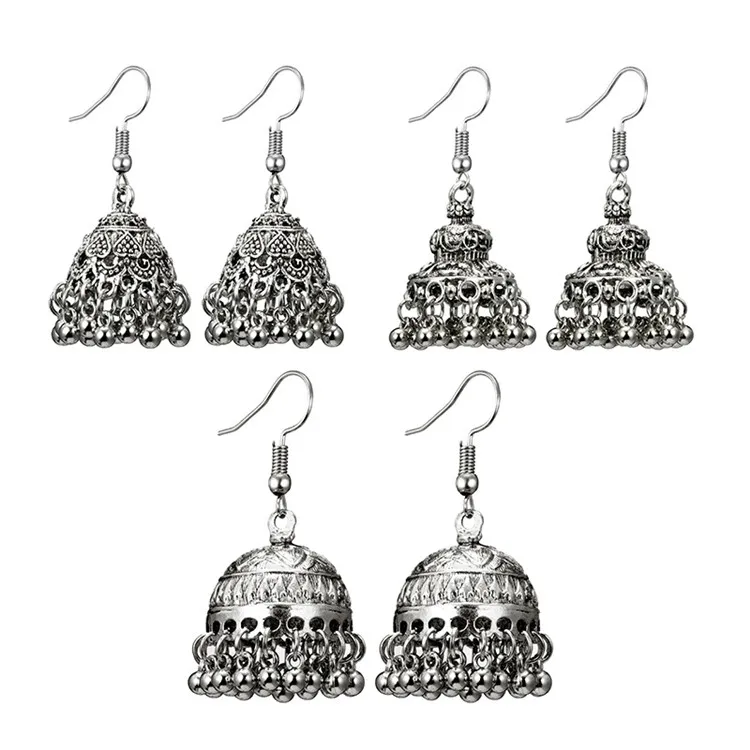 

Bohemian Vintage Antique Metal Bell Drop Jhumki Earrings Indian Bollywood Oxidized Silver Plated Bahubali Jhumka Earrings, As picture