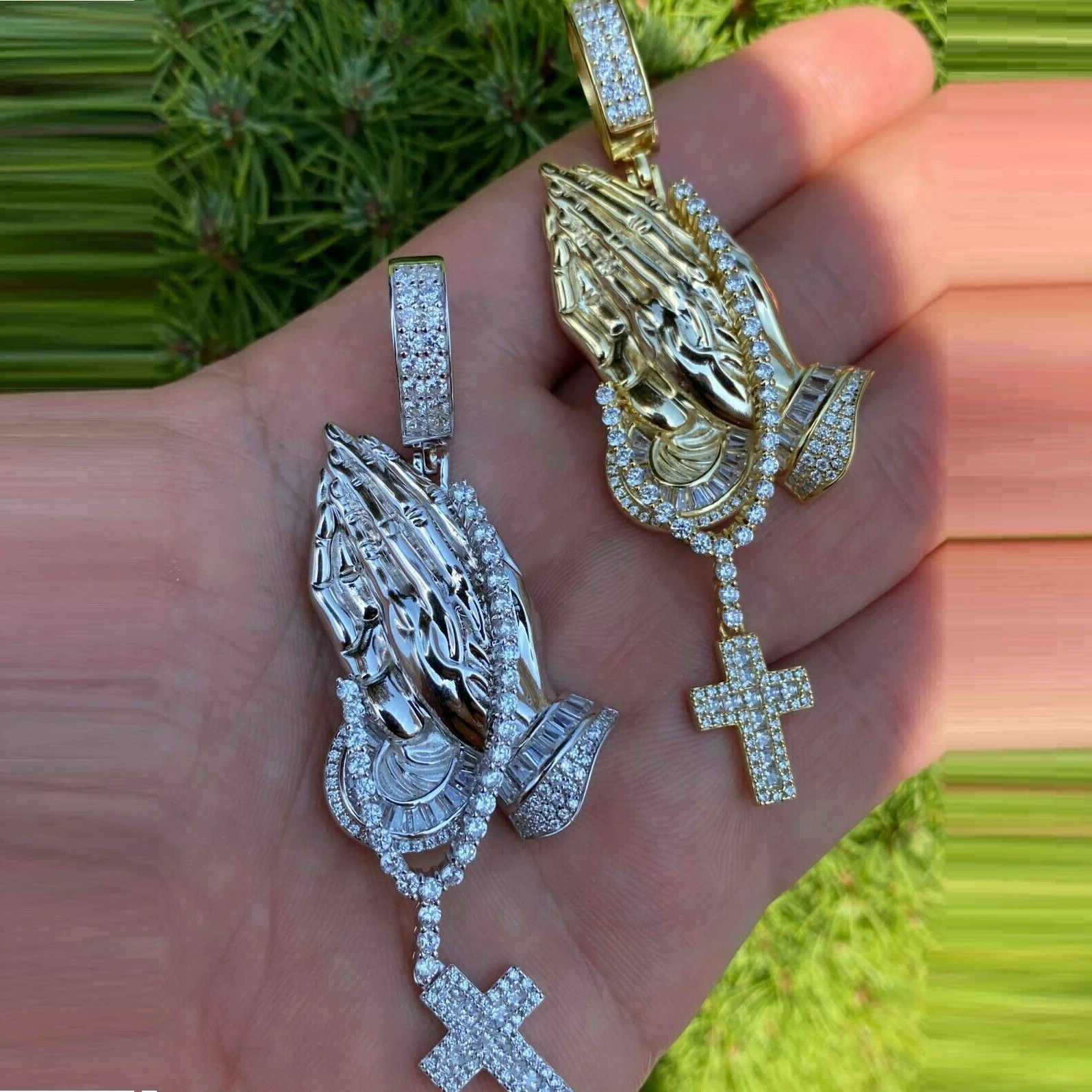 

high quality bling punk hip hop jewelry micro pave cz Jesus pray hands cross pendant men's necklaces