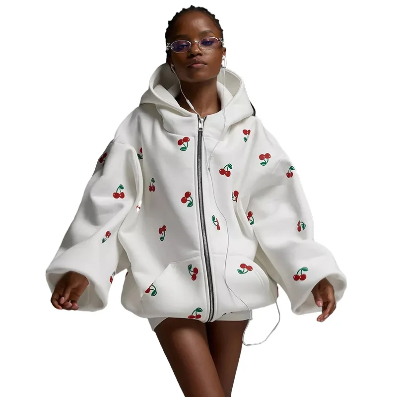 Women's Cotton Warm Hooded Sweatshirt Autumn and Winter Women's Fashionable Sweet Cherry Print Zipper Loose Casual Sports Hoodie